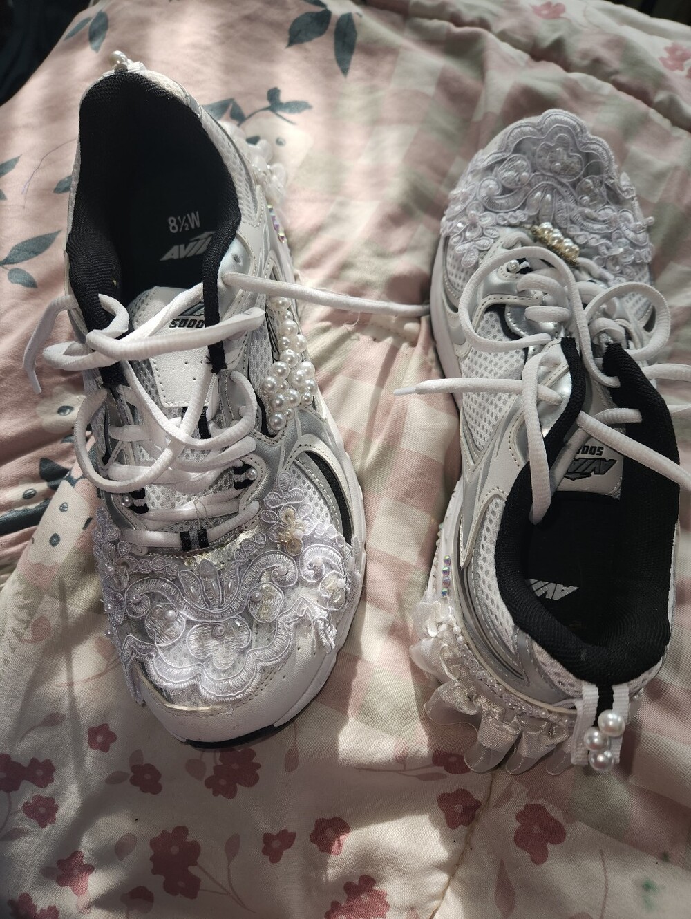 Avia White Lace & Pearl Embellished Women's Sneakers